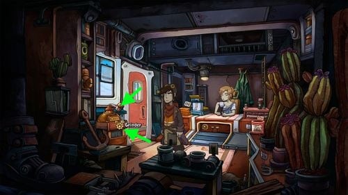 Now go to the Grinder under the window - Find coffee powder ingredients | Part 1 - Kuvaq - Part 1 - Kuvaq - Deponia Game Guide & Walkthrough