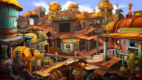 Leave Tonis shop and look at Wenzels house chimney (to the left) - Find coffee water ingredients | Part 1 - Kuvaq - Part 1 - Kuvaq - Deponia Game Guide & Walkthrough