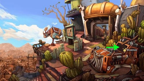 Return to the village center and go in front of the gate - Find coffee water ingredients | Part 1 - Kuvaq - Part 1 - Kuvaq - Deponia Game Guide & Walkthrough