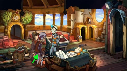 Suspecting theft, he transforms into policeman - quickly place a stethoscope in mayors pants and youll witness a funny situation - Make an espresso | Part 1 - Kuvaq - Part 1 - Kuvaq - Deponia Game Guide & Walkthrough