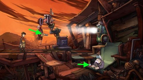 Notice that the semaphore with the skeleton is lower now - take the Key - Place Goal in the mine cart | Part 2 - Junk Mine - Part 2 - Junk Mine - Deponia Game Guide & Walkthrough