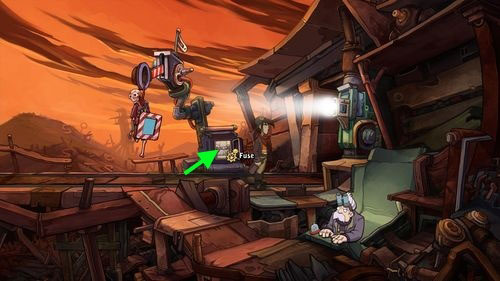 Use the Wrench on the Maintenance Hatch next to the semaphore to open it - Place Goal in the mine cart | Part 2 - Junk Mine - Part 2 - Junk Mine - Deponia Game Guide & Walkthrough