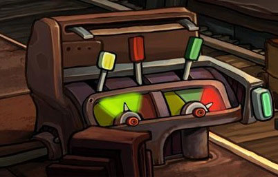 One of the correct solutions is shown on the above screen (yellow and green lever down, red lever up, left switch on green, right switch on red) - Get to Lower Ascension Station | Part 2 - Junk Mine - Part 2 - Junk Mine - Deponia Game Guide & Walkthrough