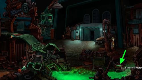 Use the Bucket to take some green water from Barrel with Water obtaining Bucket with Water - Clear the mosaic table | Part 3 - Lower Ascension Station - Part 3 - Lower Ascension Station - Deponia Game Guide & Walkthrough