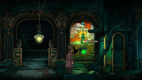 Return to the Dirty Mosaic Table and use Mop with Soapy Water to clear it - Clear the mosaic table | Part 3 - Lower Ascension Station - Part 3 - Lower Ascension Station - Deponia Game Guide & Walkthrough