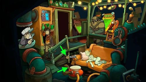 Pick up Duster from a drawer under the stairs (Bozo will warn Rufus that it is not so clean, he used it to clean oil tank) - Fix Goals implant | Part 3 - Lower Ascension Station - Part 3 - Lower Ascension Station - Deponia Game Guide & Walkthrough