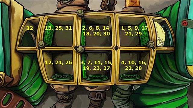 So, click the cells in the following order: 2x left, down, right, up, left, down, up, right, down, 2x left, up, right, down, right, up, left, down, up, right, down, 2x left, up, down, 2x right, up, 3x left - Get to the elevator - Chapter three - Deponia Doomsday - Game Guide and Walkthrough