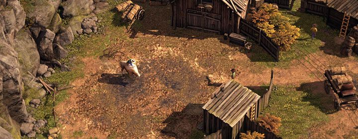 Jarvis tries to ride a bull in a stable in the south-western part of the map (M3,1) - Desperados 3: Escape from an ambush and kill Jarvis - mission 3, walkthrough - Mission 3 - Troublemakers in Flagstone - Desperados 3 Guide