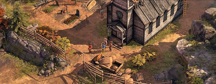 The Duke travels north along Flagstone Street (M3,14) and from time to time returns to the church located at the northern end of the map (M3,4) - Desperados 3: Kill The Duke and return to the saloon - mission 3, walkthrough - Mission 3 - Troublemakers in Flagstone - Desperados 3 Guide