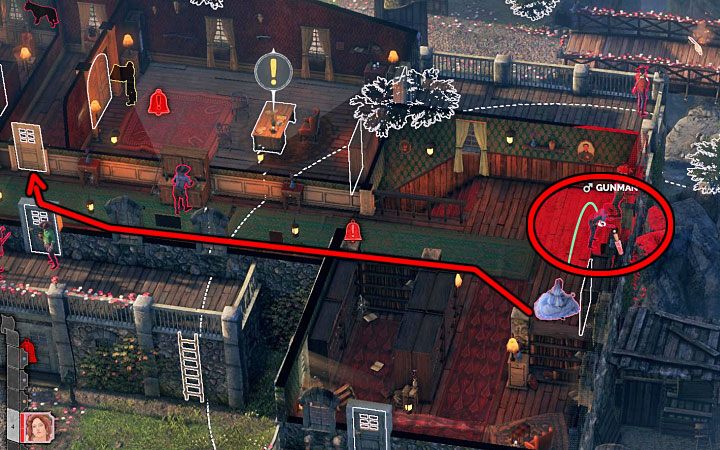 Hide behind any large obstacle in order not to be noticed by the guards from the corridor (M4,5) - Desperados 3: Sneak with Kate into the mayors office - mission 4, walkthrough - Mission 4 - Until Death Do Us Part - Desperados 3 Guide