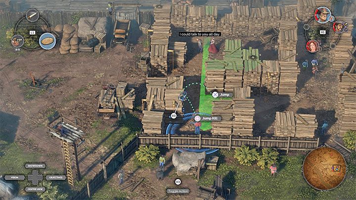 The square adjacent to the post with a Long Coat enemy is being watched by a sniper (M6,8) - use McCoys gun with a scope to get rid of him before you start to eliminate local enemies - Desperados 3: Find the dynamite, option 1 - mission 6, walkthrough - Mission 6 - The Bridge at Eagle Falls - Desperados 3 Guide