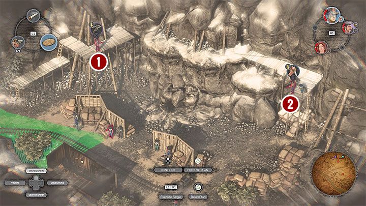 Regardless of the chosen path to the quarry, your first task should be to eliminate 2 snipers occupying the scaffolding above the area where the main mining works are being carried out (M6, 17) - Desperados 3: Find the dynamite, option 2 - mission 6, walkthrough - Mission 6 - The Bridge at Eagle Falls - Desperados 3 Guide