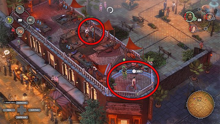 Start flirting as Kate with the bandit in the picture so he can focus his eyes on her - Desperados 3: Get a disguise and eavesdrop on convo - mission 10, walkthrough - Mission 10 - Back Alley Jazz - Desperados 3 Guide