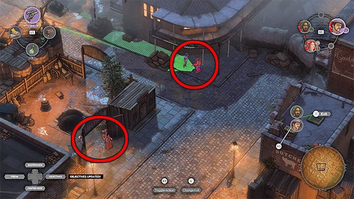 After approaching the second alley (M10,10), you must first eliminate or temporarily exclude opponents looking towards the place you came from - they are marked in the image above - Desperados 3: Reach the office in the warehouse zone - mission 10, walkthrough - Mission 10 - Back Alley Jazz - Desperados 3 Guide