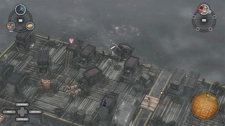 After getting on board (M12,15) watch out for the opponent standing on the platform, because he has the widest field of view (it is worth to check it) - Desperados 3: Confrontation with Frank - mission 12, walkthrough - Mission 12 - Dirt and Blood - Desperados 3 Guide