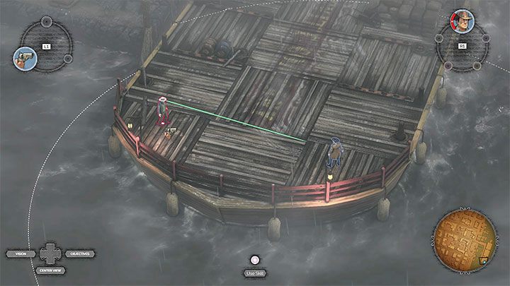 Reach the end of the long boat where Frank is staying (M12,16) - Desperados 3: Confrontation with Frank - mission 12, walkthrough - Mission 12 - Dirt and Blood - Desperados 3 Guide
