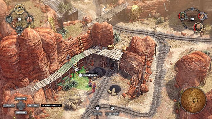 The choice of path is made after reaching the area with the mining wagon (M13,4) - Desperados 3: Mission 13 - map, badges - Mission 13 - A Cart Full of Gunpowder - Desperados 3 Guide