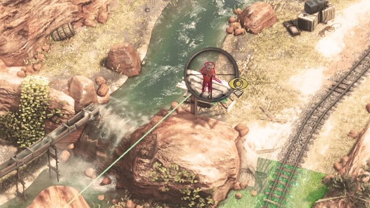 Before you secure the camp with the mining cart, get rid of the sniper (M13,5) who is occupying one of the more remote towers - Desperados 3: Push the wagon to the gate - mission 13, walkthrough - Mission 13 - A Cart Full of Gunpowder - Desperados 3 Guide