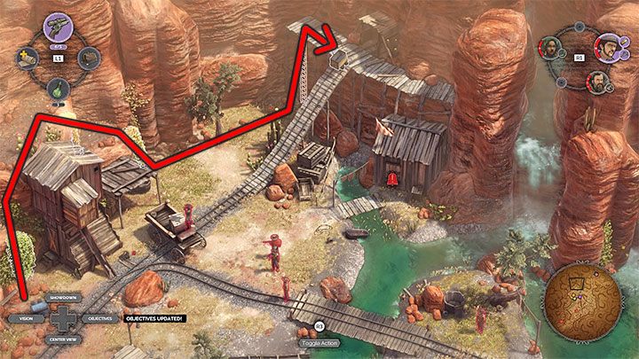 Pick Isabelle and start following the railroad tracks - Desperados 3: Push the wagon to the gate - mission 13, walkthrough - Mission 13 - A Cart Full of Gunpowder - Desperados 3 Guide