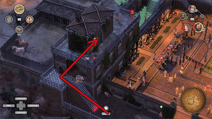 The main problem is that the courtyard where Devitt is staying is watched by opponents from nearby balconies (M15, 19) - Desperados 3: Stun and kidnap Devitt - mission 15, walkthrough - Mission 15 - A Captain of Industry - Desperados 3 Guide