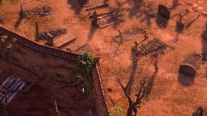 You can sneak into the cemetery by climbing vines - Desperados 3: Kill Frank and his men; final boss - mission 16, walkthrough - Mission 16 - The Old and The New - Desperados 3 Guide