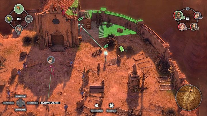 One of the enemies on the right can be dragged away by Hectors whistling - Desperados 3: Kill Frank and his men; final boss - mission 16, walkthrough - Mission 16 - The Old and The New - Desperados 3 Guide