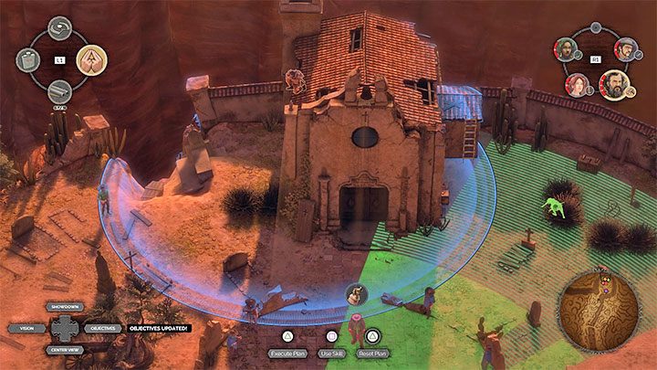 Opponents from the roof of the chapel can be easily led down - distract them with Hectors whistling and place a second team member by the ladder to eliminate them as soon as they come down - Desperados 3: Kill Frank and his men; final boss - mission 16, walkthrough - Mission 16 - The Old and The New - Desperados 3 Guide