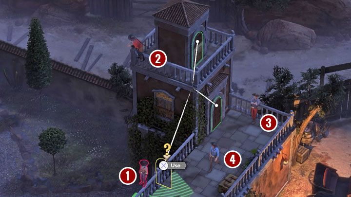 The fireworks box is located by the bridge in the front garden of the Hacienda (M15,8) - Desperados 3: Distract guests with fireworks - mission 15, walkthrough - Mission 15 - A Captain of Industry - Desperados 3 Guide