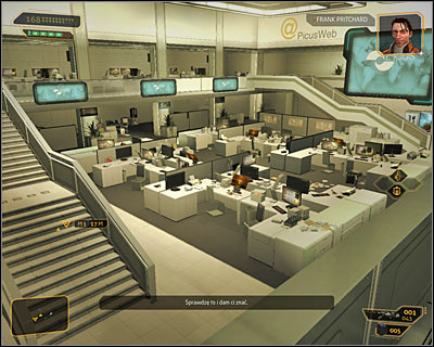 Open the door leading to the large room of the broadcast centre (screen above) - (1) Reaching room 404 - Confronting Eliza Cassan - Deus Ex: Human Revolution Game Guide