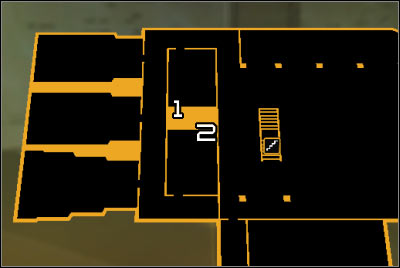 Map legend: 1 - Northern ventilation shaft entrance; 2 - Southern ventilation shaft entrance - (2) Peaceful solution: Getting out of the ambush - Confronting Eliza Cassan - Deus Ex: Human Revolution Game Guide