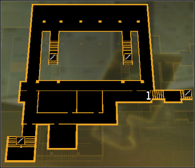 Map legend: 1 - Lobby passage (level 7) - (2) Aggressive solution: Getting out of the ambush - Confronting Eliza Cassan - Deus Ex: Human Revolution Game Guide