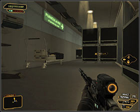 Keep going west #1, while sticking to the south wall of the studio and avoiding being noticed by the enemies and turrets (move between neighbouring covers, use thee Cloaking System) - (3) Peaceful solution: Reaching the staircase at the back of the studio - Confronting Eliza Cassan - Deus Ex: Human Revolution Game Guide