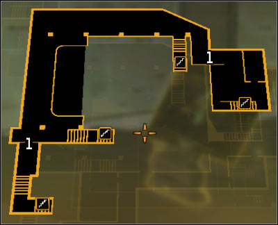 Map legend: 1 - balconies passage - (3) Peaceful solution: Reaching the staircase at the back of the studio - Confronting Eliza Cassan - Deus Ex: Human Revolution Game Guide