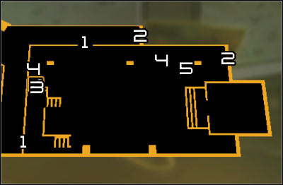 Map legend: 1 - Passage to the funicular room; 2 - First shaft entrance and exit; 3 - Upper balconies stairs; 4 - Second shaft entrance and exit; 5 - Turret control terminal - (4) Peaceful solution: Reaching the funicular - Confronting Eliza Cassan - Deus Ex: Human Revolution Game Guide