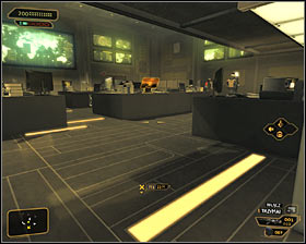 After reaching downstairs, start by eliminating the guard patrolling the southern part of the big room #1 - (7) Peaceful solution: Reaching the staircase - Confronting Eliza Cassan - Deus Ex: Human Revolution Game Guide