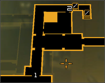 Map legend: 1 - South room entrance; 2 - Stairs leading onto the upper level - (7) Aggressive solution: Reaching the staircase - Confronting Eliza Cassan - Deus Ex: Human Revolution Game Guide