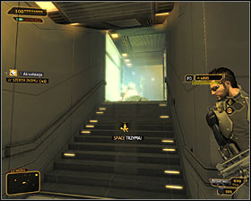 Now you could go through the cleared room and reach the mission objective, but Id recommend going back to the starting point and choosing the north stairs leading onto level 3 #1 - (7) Aggressive solution: Reaching the staircase - Confronting Eliza Cassan - Deus Ex: Human Revolution Game Guide