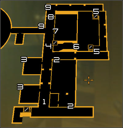 Map legend: 1 - Main corridor; 2 - Office room passage; 3 - Shafts exits; 4 - Southern door to the last corridor; 5 - Data processing room passage; 6 - Side room entrance; 7 - Fragile wall fragment; 8 - Northern door to the last corridor; 9 - Shaft passage leading to the last corridor - (9) Peaceful solution: Reaching room 802-11 - Confronting Eliza Cassan - Deus Ex: Human Revolution Game Guide