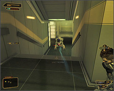 Right after reaching the first level of the basement you should prepare EMP grenades, as the nearby corridors are likely to be patrolled by an enemy robot (screen above) - (9) Aggressive solution: Reaching room 802-11 - Confronting Eliza Cassan - Deus Ex: Human Revolution Game Guide