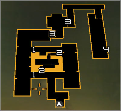 Map legend: 1 - Laser barriers; 2 - Small tunnel entrance and exit; 3 - Sandovals hideout entrance and exit; 4 - Sewers exit - (8) Passing through the sewers - Finding Isaias Sandoval - Deus Ex: Human Revolution Game Guide