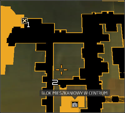 Map legend: 1 - Main entrance to the Harvesters hideout; 2 - Descent to the sewers - (4) Peaceful solution: Getting into the Harvesters hideout - Find Vasili Sevchenkos GPL Device - Deus Ex: Human Revolution Game Guide