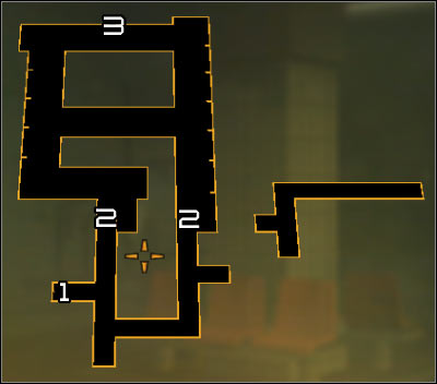 Map legend: 1 - Start point after getting down to the sewers; 2 - Ladders leading to the northern part of the sewers; 3 - Entrance to the Harvesters hideout - (4) Peaceful solution: Getting into the Harvesters hideout - Find Vasili Sevchenkos GPL Device - Deus Ex: Human Revolution Game Guide