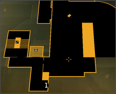 Map legend: 1 - Start place of exploration of the Harvesters hideout on level 1 - (5) Aggressive solution: Going through the Harvesters hideout - Find Vasili Sevchenkos GPL Device - Deus Ex: Human Revolution Game Guide
