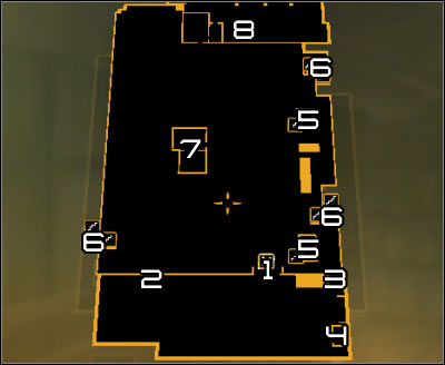 Map legend: 1 - Main port gate; 2 -- Transformator with electric discharges; 3 - Hole blocked by crates; 4 - Guardroom with a terminal and a switch; 5 - Guardrooms with terminals; 6 - Descents to lower paths; 7 - Warehouse with tools and a first sniper; 8 - Main warehouse and a second sniper - (4) Aggressive solution: Retrieving the package from the shed - Stowing Away - Deus Ex: Human Revolution Game Guide