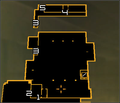 Map legend: 1 - Main entrance to the warehouse; 2 - Ladder; 3 - Stairs leading to the backside balconies; 4 - Main entrance to warehouse offices; 5 - Ladder - (6) Peaceful solution: Getting to the administrator Wangs office - Stowing Away - Deus Ex: Human Revolution Game Guide