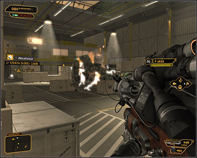 Guards are not your only problem, because soon after triggering the alarm, a huge combat machine will be dropped inside the warehouse (screen above) - (6) Aggressive solution: Getting to the administrator Wangs office - Stowing Away - Deus Ex: Human Revolution Game Guide