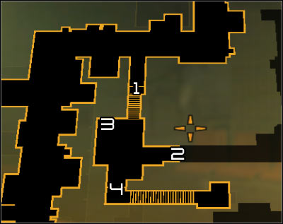 Map legend: 1 - Closed gate; 2 - Passage from the Kuaigan district; 3 - Descent from the roof; 4 - Entrance to the back room of the butcher shop - Talion A.D. (steps 1-3) - Side quests - Deus Ex: Human Revolution Game Guide