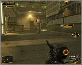Move quickly to the south east, staying close to the eastern building wall #1, so you should be noticed by a defensive turret - (1) Peaceful solution: Reaching the main square - Rescuing Megan and Her Team - Deus Ex: Human Revolution Game Guide