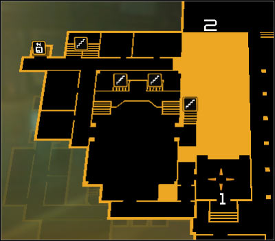 Map legend: 1 - Main entrance to the Bio-Mech Lab building; 2 - Entrance to the air vent - (3) Peaceful solution: Finding Declan Faherty - Rescuing Megan and Her Team - Deus Ex: Human Revolution Game Guide