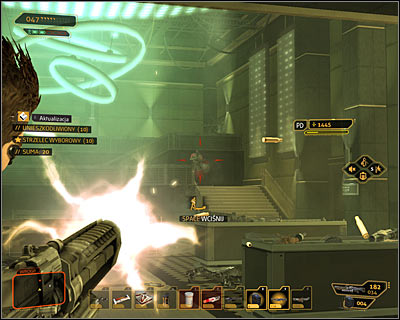After killing both enemies stay here, because there are three more guards in the Bio-Mech Lab building - (3) Aggressive solution: Finding Declan Faherty - Rescuing Megan and Her Team - Deus Ex: Human Revolution Game Guide